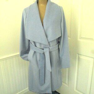NWT Cole Haan Women’s Soft Wool Coat Size 12 Lt Blue Signature Shawl Collar Belt